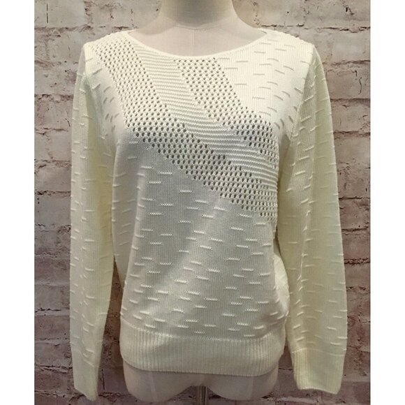 Vtg 80s Designers Originals Womens M Pullover Sweater Ivory Open Pointelle Knit - Picture 1 of 4
